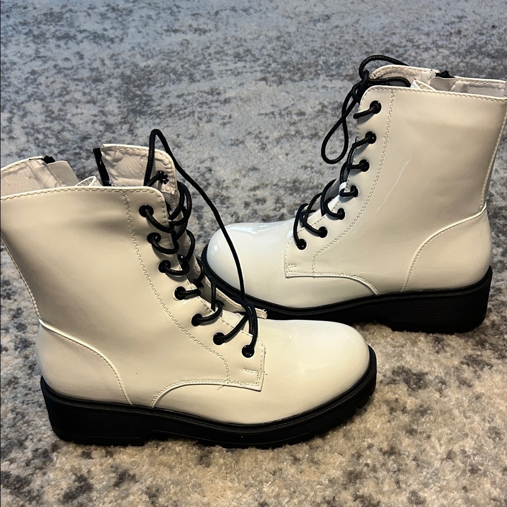 White Lace-Up Combat Boots